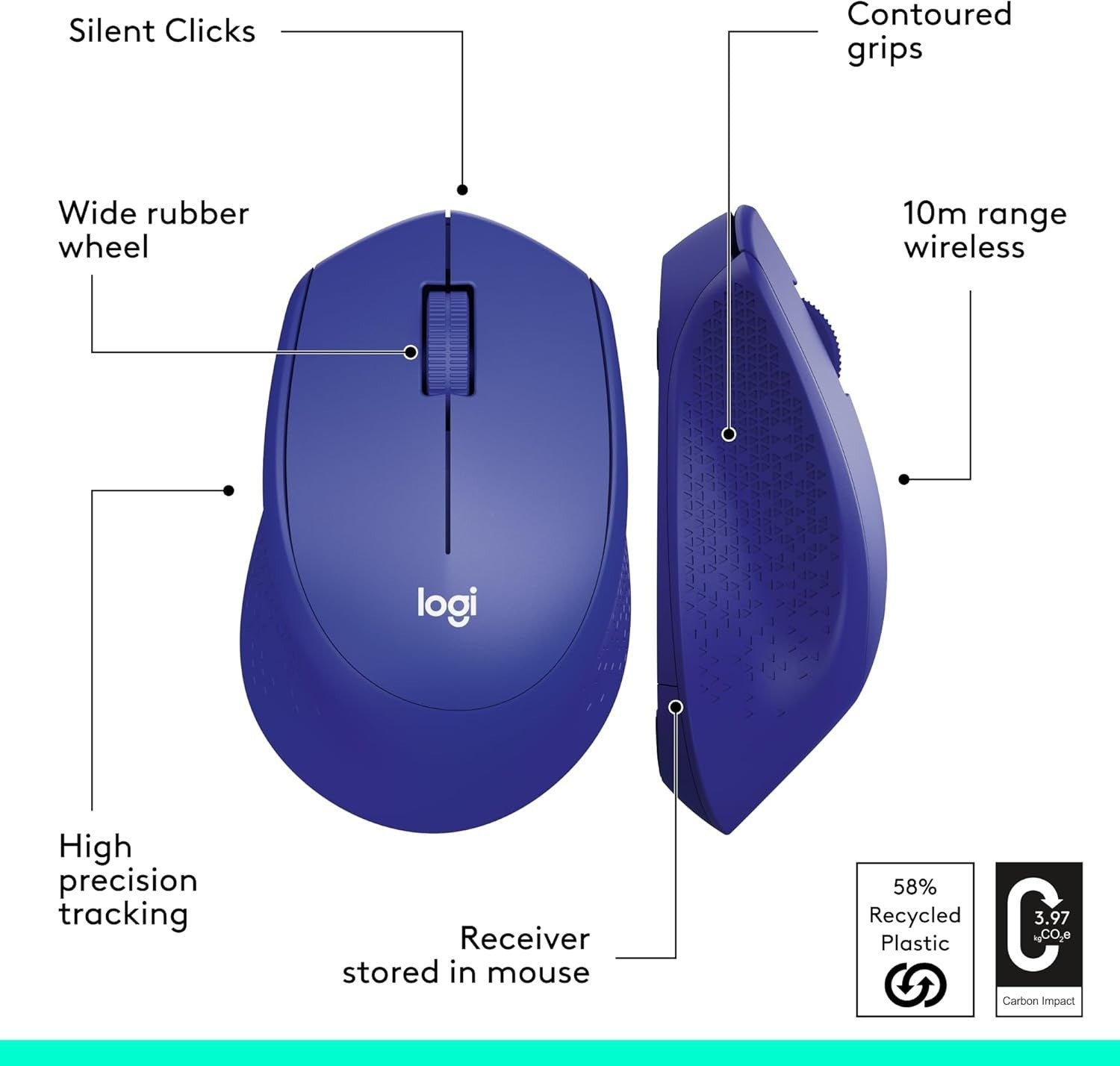 Silent Wireless Mouse USB Nano Receiver Ergonomic Lightweight Blue Laptop PC