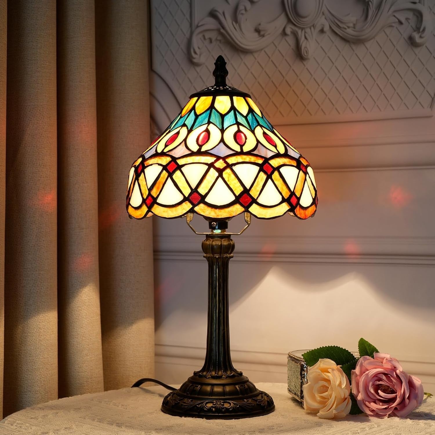 Vintage Stained Glass Peacock Table Lamp | Handmade Reading Light 14”H