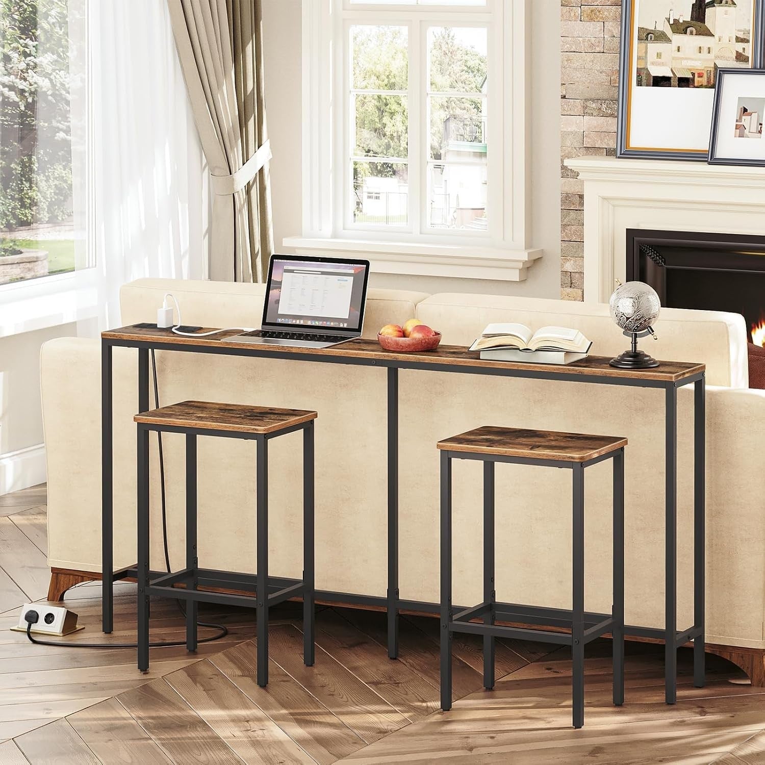 Console Table with Power Outlet USB Ports, Narrow Sofa Table 160cm