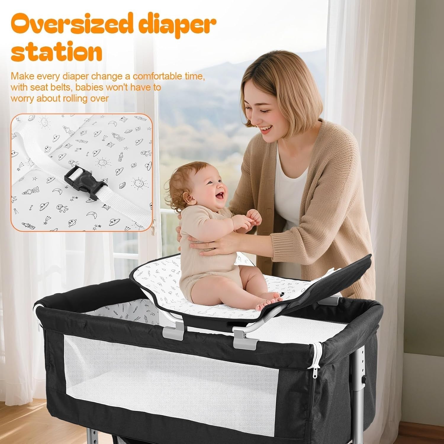 Rocking Bedside Crib Mosquito Net Wheels Adjustable Height w/ Changing Table