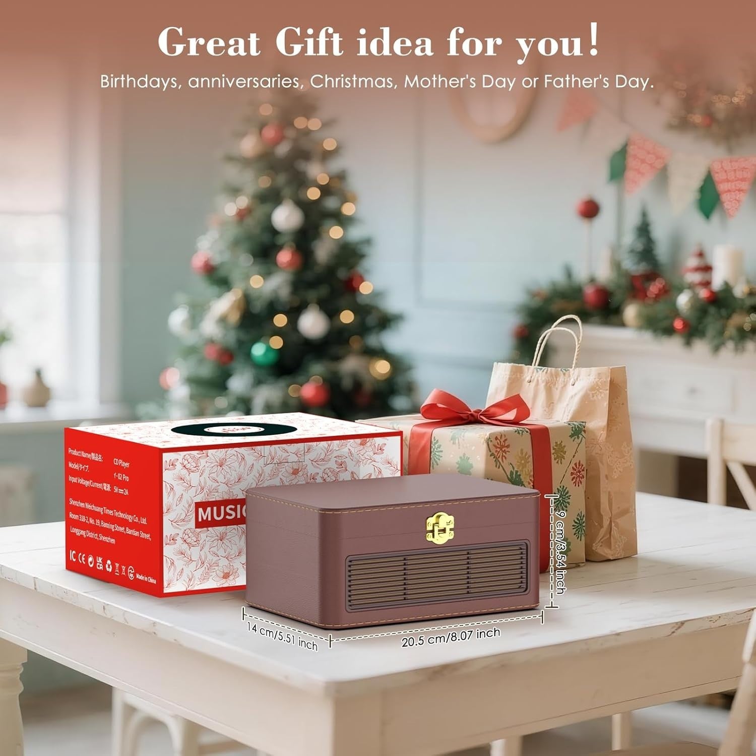 Retro Bluetooth CD Player FM Radio USB AUX HiFi Speakers Brown PU