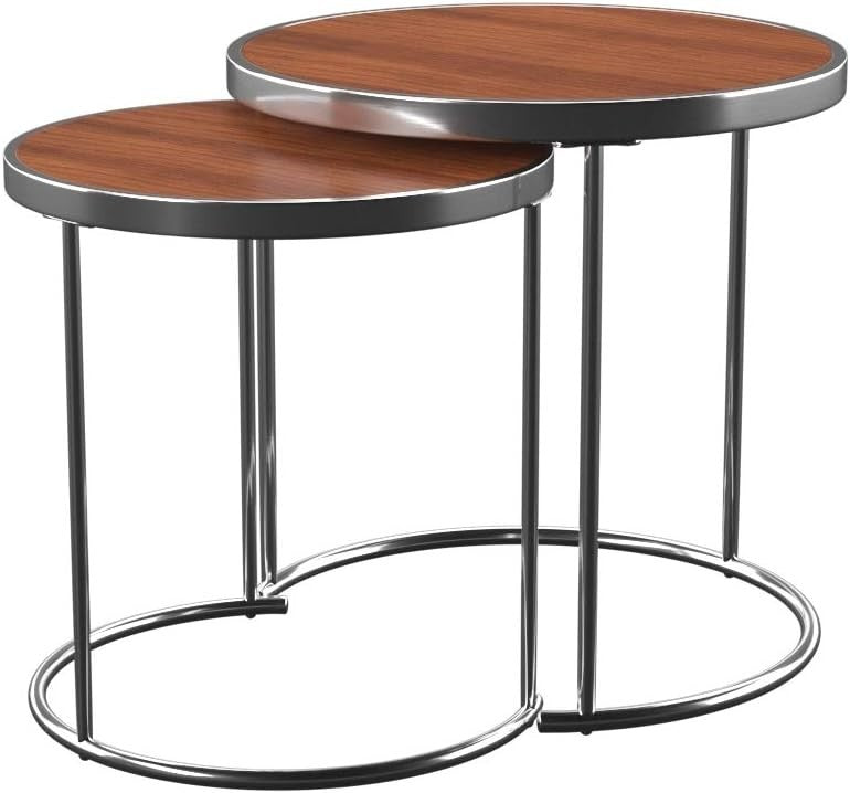 2pc Round Nesting Coffee Table Set Wood Top Chrome Metal Base Modern Living Room