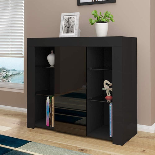 Modern LED Sideboard Display Cabinet Glass Shelves Storage Unit Black