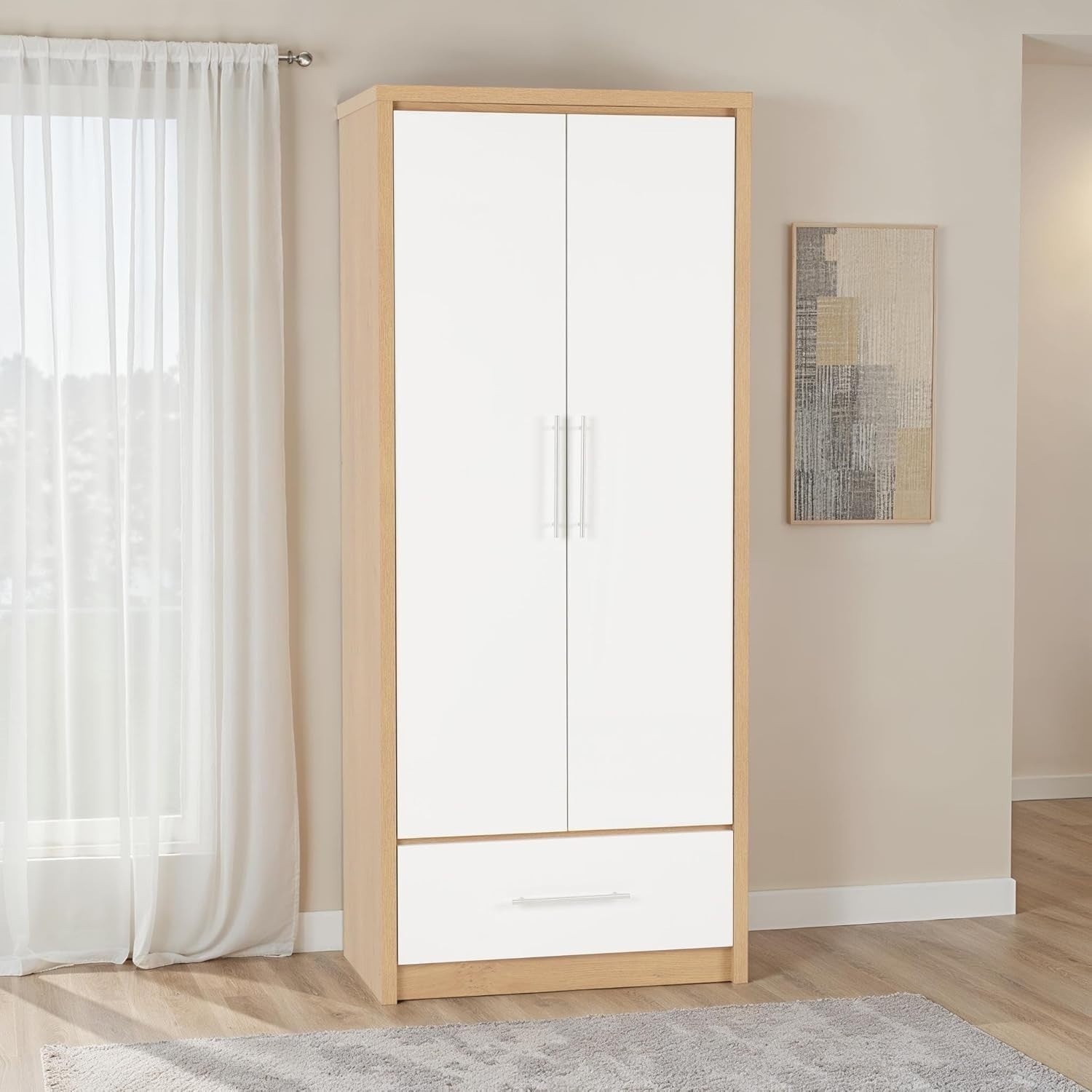 White Gloss 2 Door Wardrobe with Drawer Oak Effect – Lockable Storage Unit