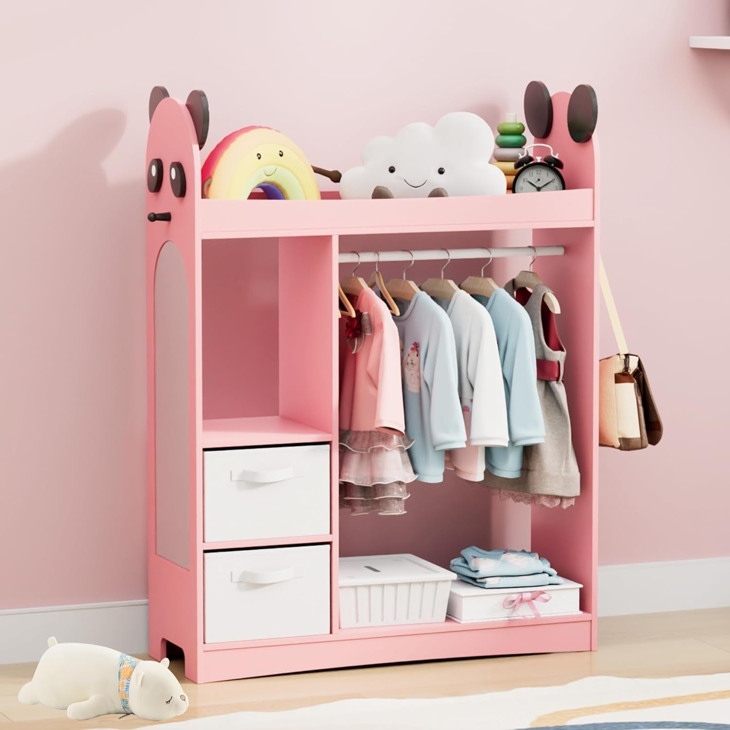 Kids Dress Up Wardrobe with Mirror, Hanging Rail & 2 Drawers Pink Storage