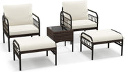 5PC Rattan Garden Furniture Set Armchairs Footstools Coffee Table Cushioned