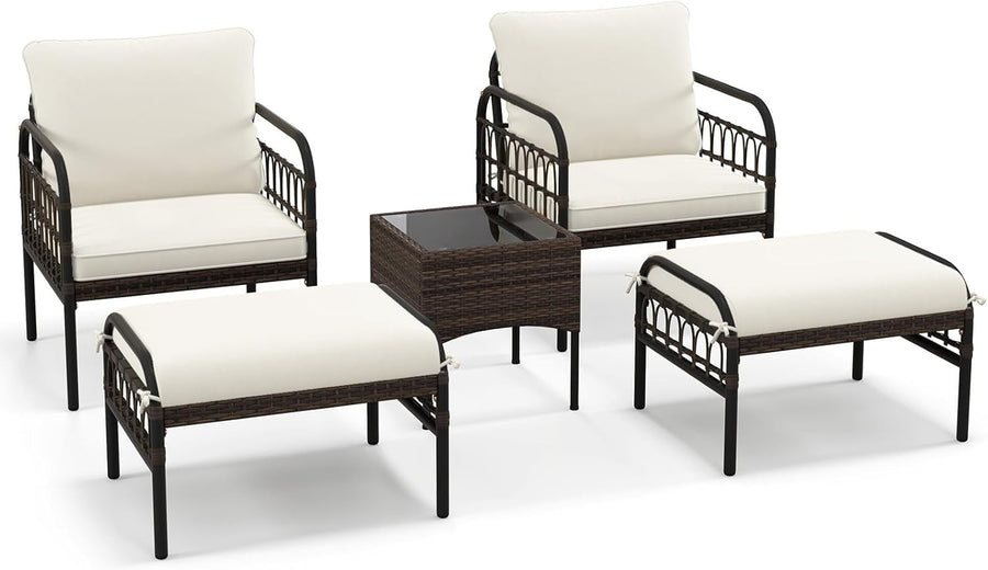5PC Rattan Garden Furniture Set Armchairs Footstools Coffee Table Cushioned