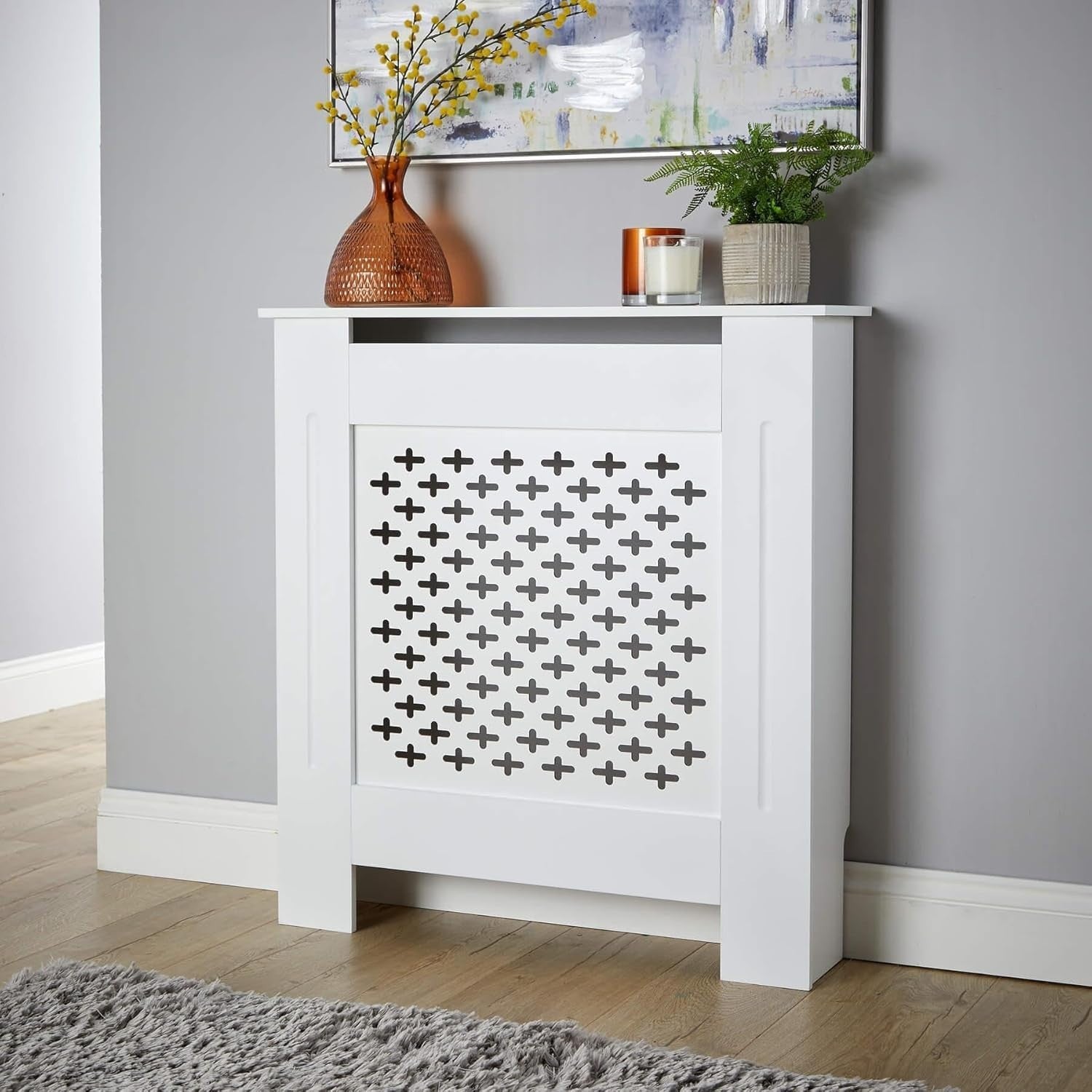 White Radiator Cover Small 78cm Wooden Cabinet with Decorative Grill & Shelf