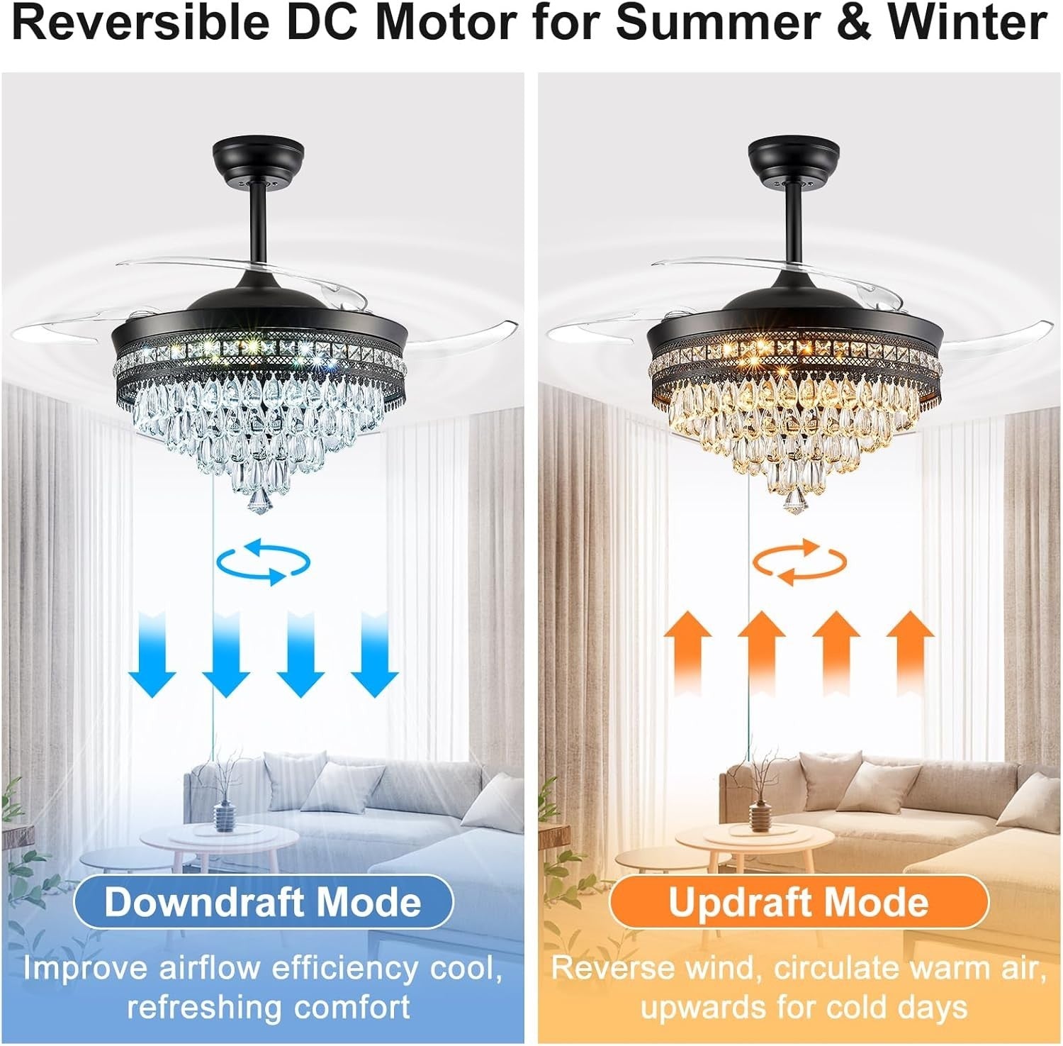 48" Chandelier Ceiling Fan with Light, Black, Retractable, LED, Remote