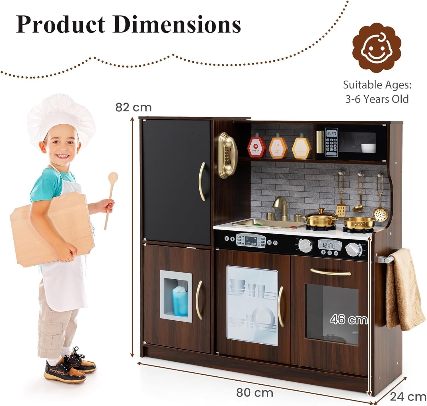 Kids Wooden Play Kitchen w/ Ice Maker Chalkboard Coffee Toy