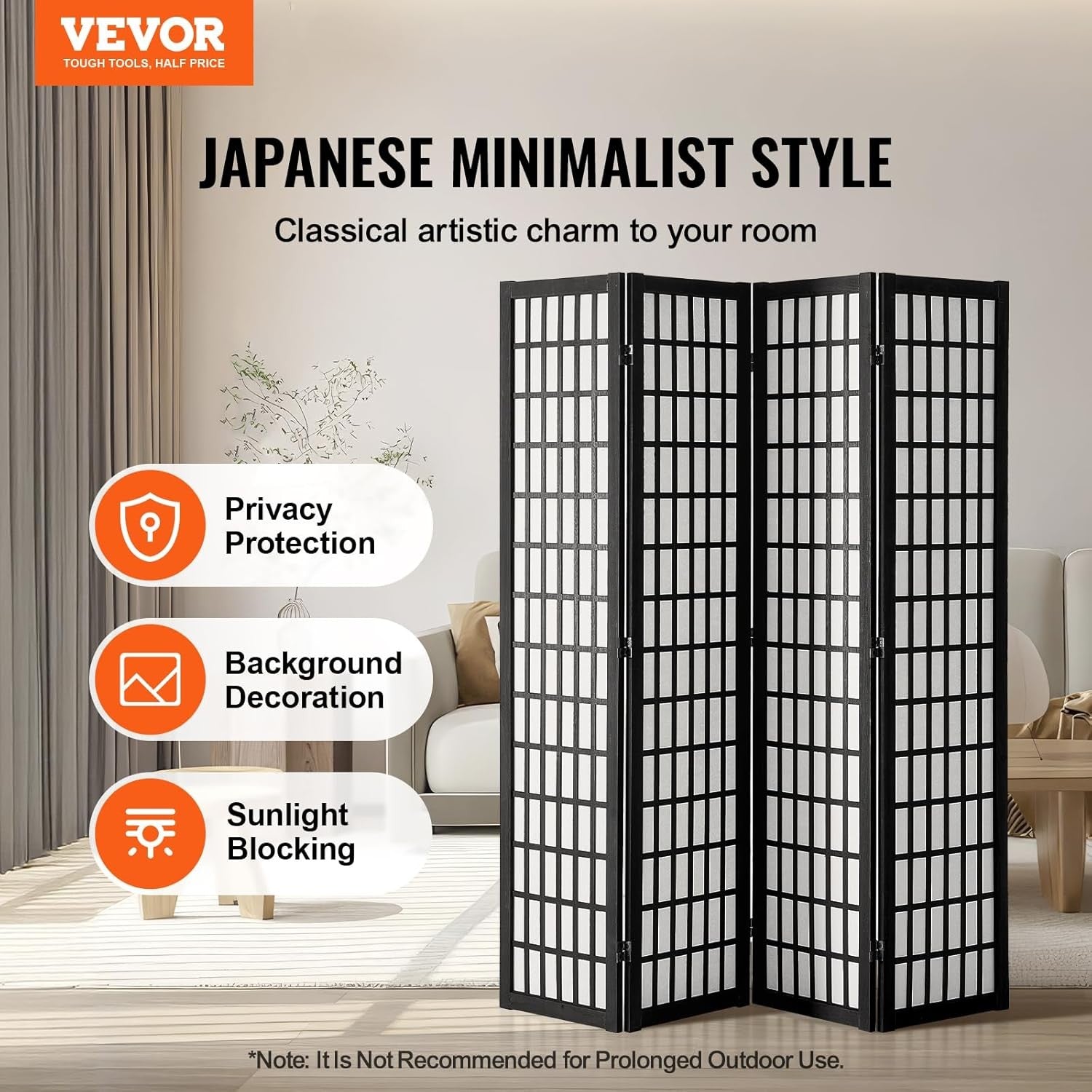 4 Panel Japanese Folding Room Divider Black Wood Privacy Screen 162x170cm