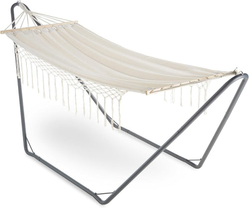 Boho Fringe Garden Hammock with Stand – 1 Person, Beige, Portable & Comfy