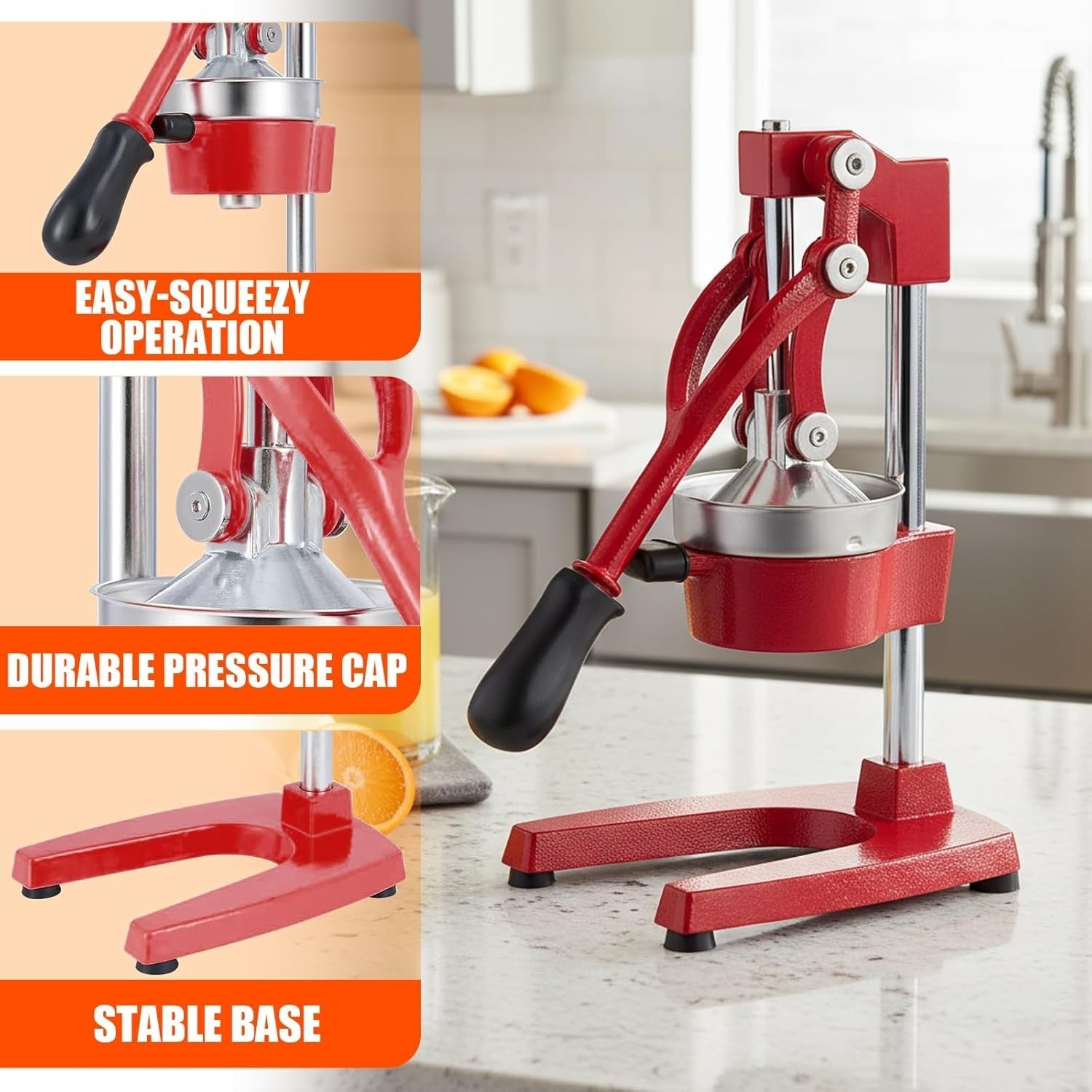 Professional Manual Citrus Juicer Cast Iron High Yield Easy Clean Red