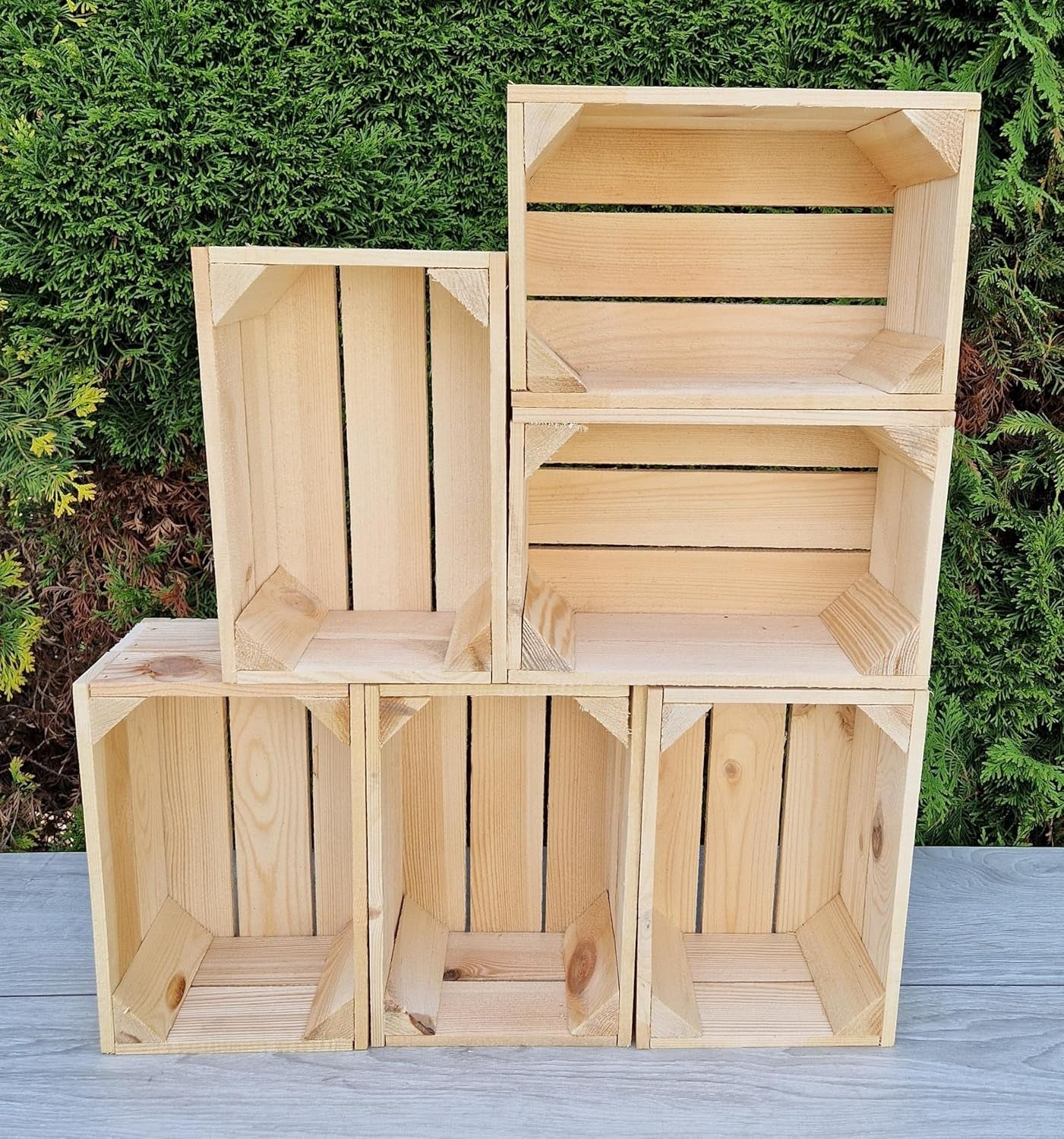 6-Piece Natural Wood Storage Crates Organizer 30x20x15cm Durable