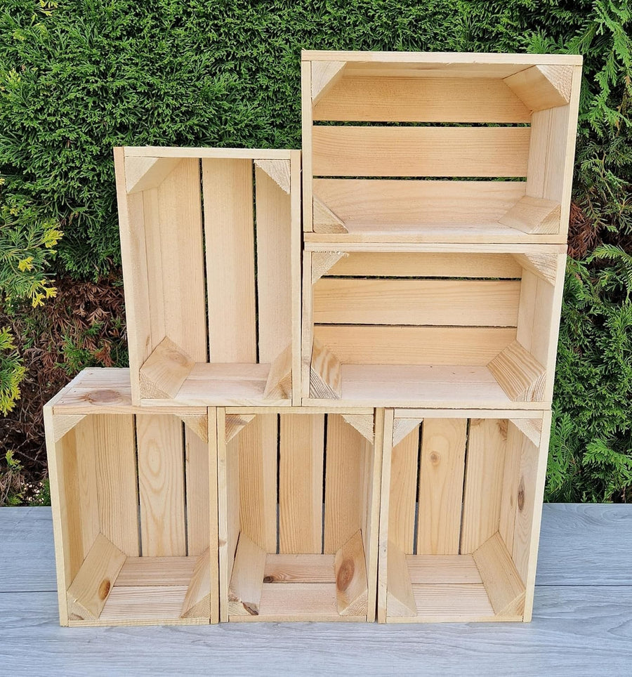 6-Piece Natural Wood Storage Crates Organizer 30x20x15cm Durable