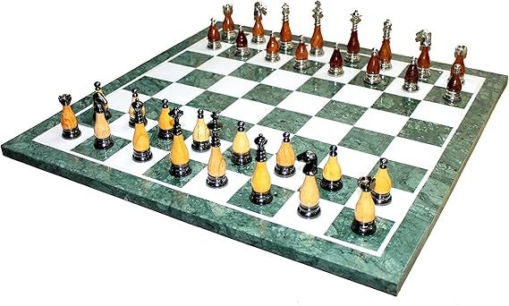 Luxury 20" Green Marble Chess Set – Large 20" Inlaid Board + Brass Wood Pieces