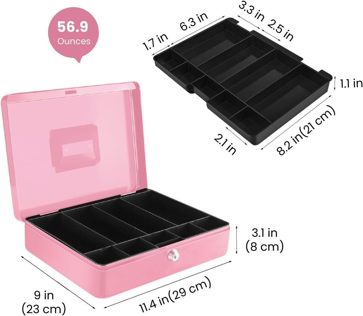 Pink Cash Box with Lock 9 Compartment Money Tray Portable Storage