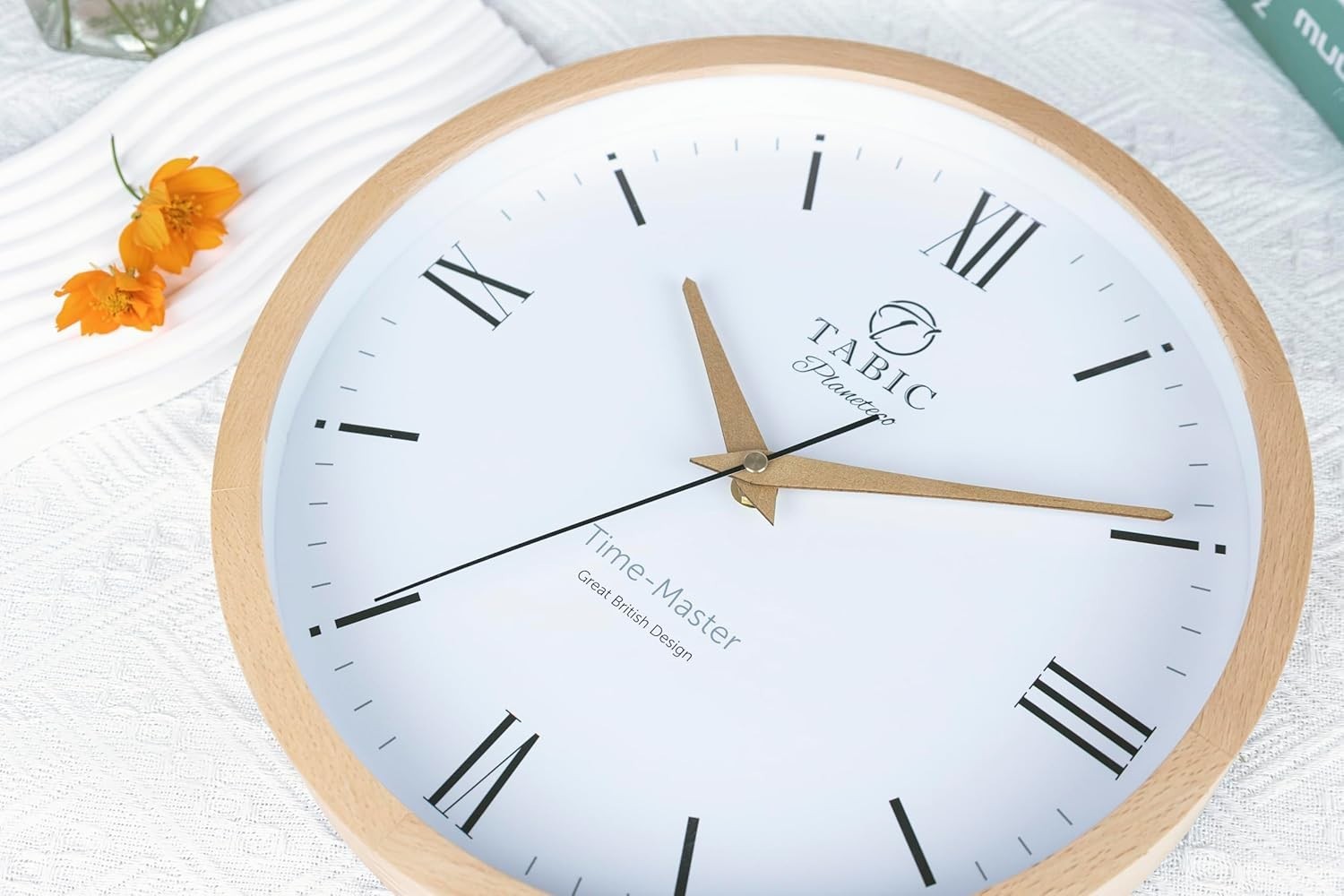 Silent Wall Clock Roman Numerals Natural Wood Glass Face Large 30cm Decor