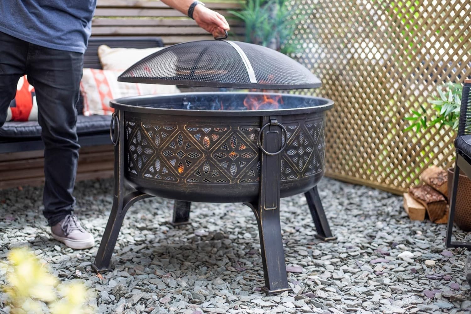 Large Deep Bowl Fire Pit with BBQ Grill | Outdoor Garden Heater | Steel Patio