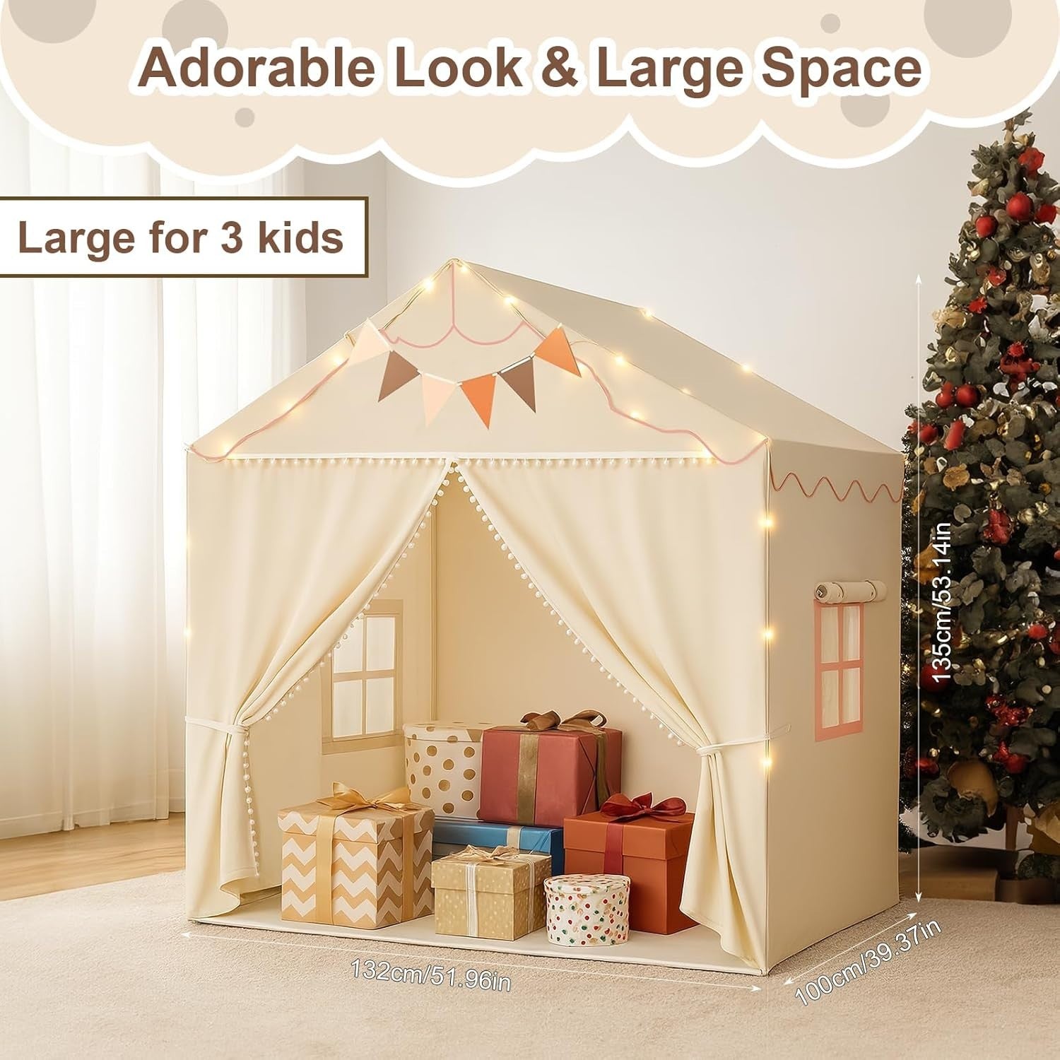 Large Kids Play Tent Indoor Outdoor w Mat Light 2 Doors 4 Windows