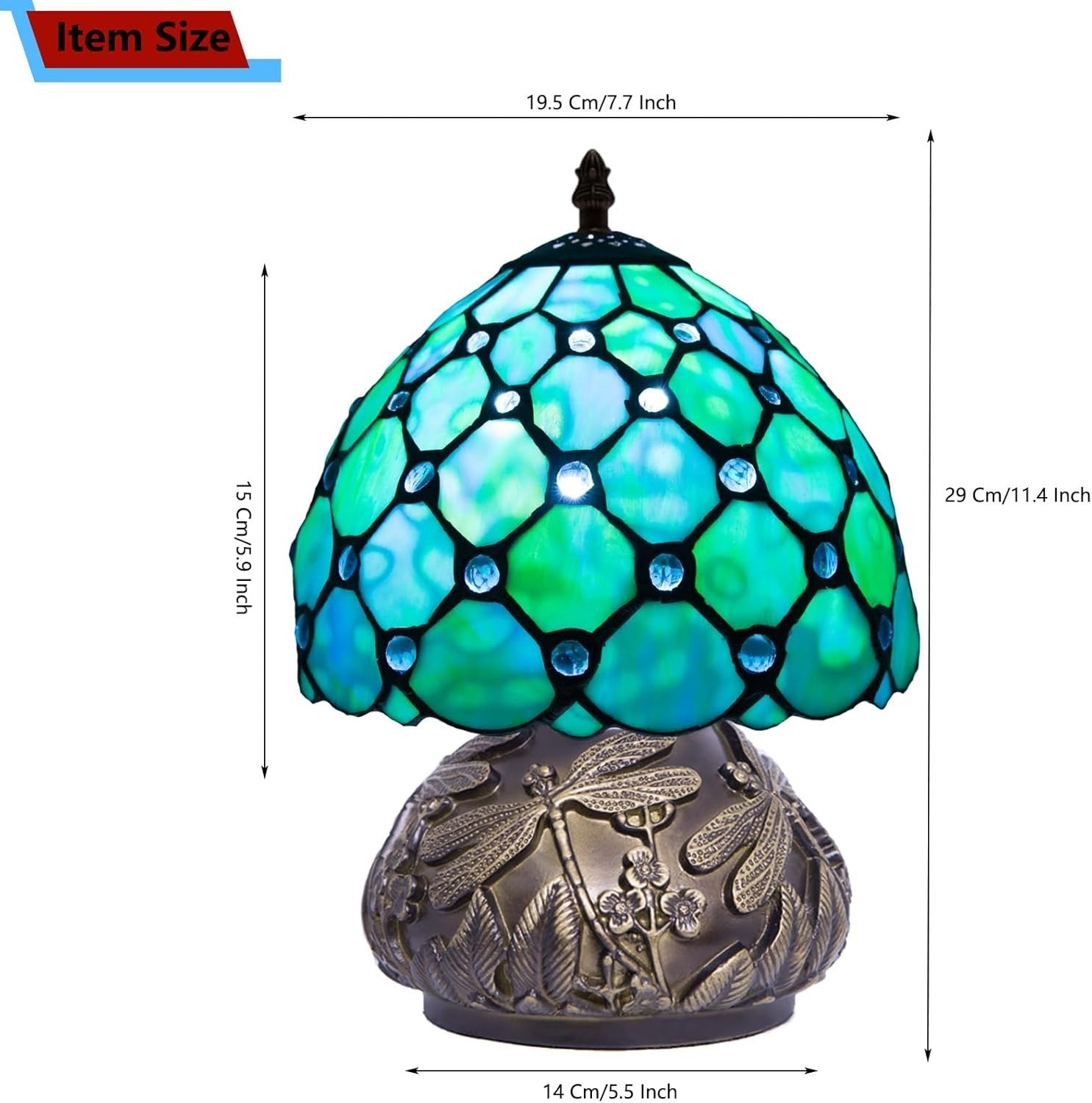 Tiffany Style Stained Glass Desk Lamp with Dragonfly Base, 3 Color Modes