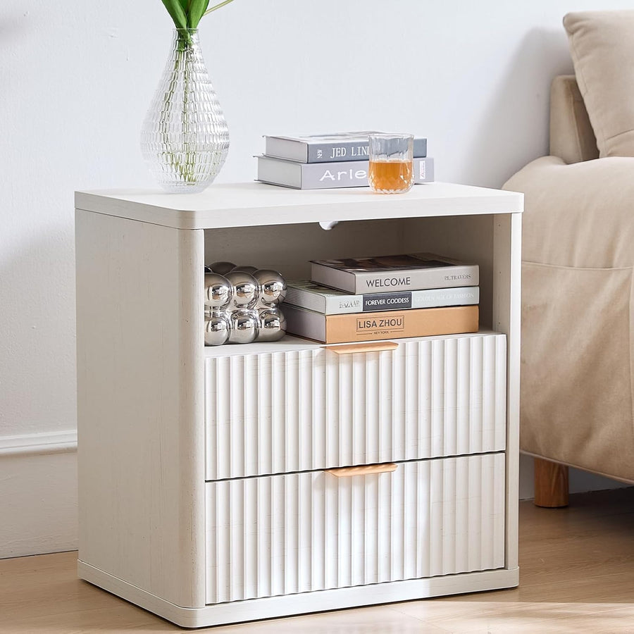 White Fluted Bedside Table with 2 Drawers Modern Nightstand Storage Cabinet