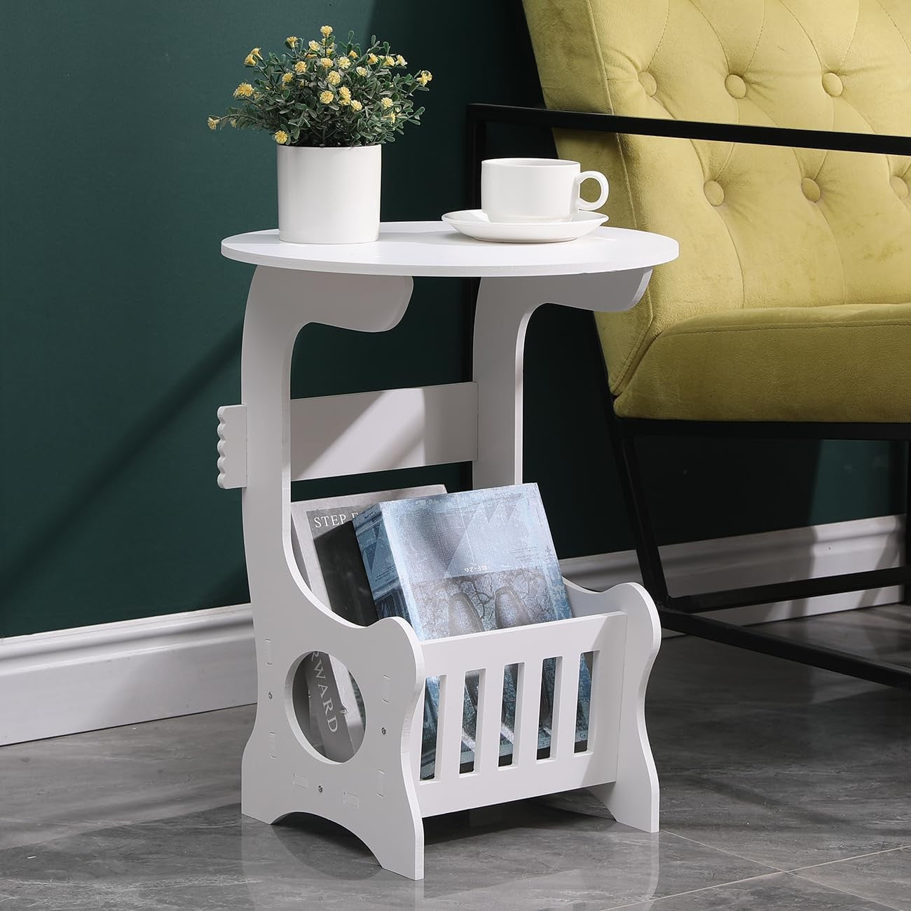 Round White Bedside Table with Shelf, Slim Corner Side Table for Small Spaces