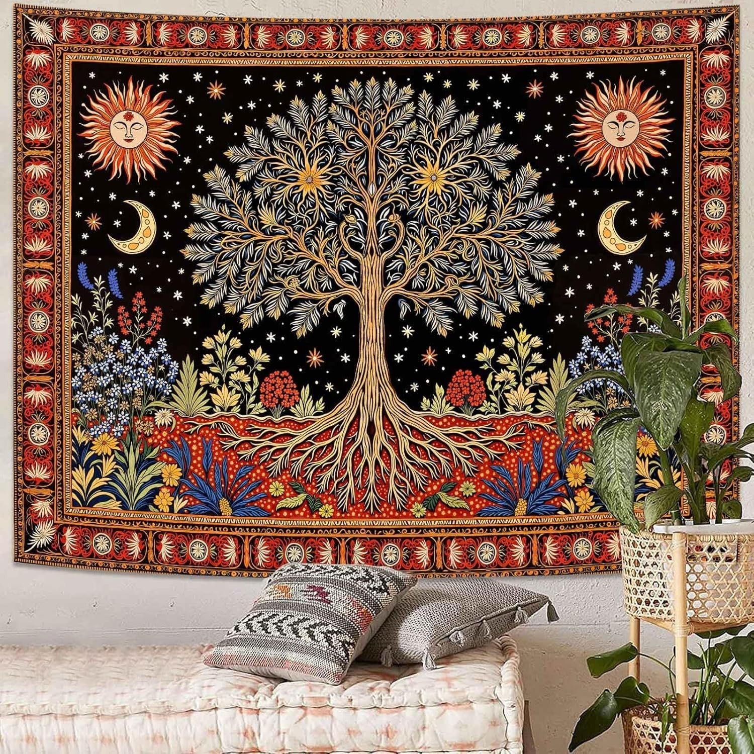 Large Celestial Sun & Moon Tree of Life Tapestry Boho 90x70