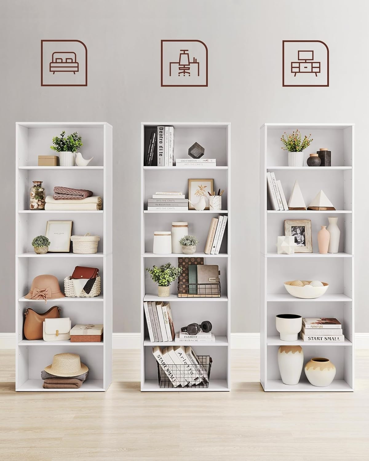 6 Tier White Wooden Bookcase Tall Storage Display Shelf for Living Room Office