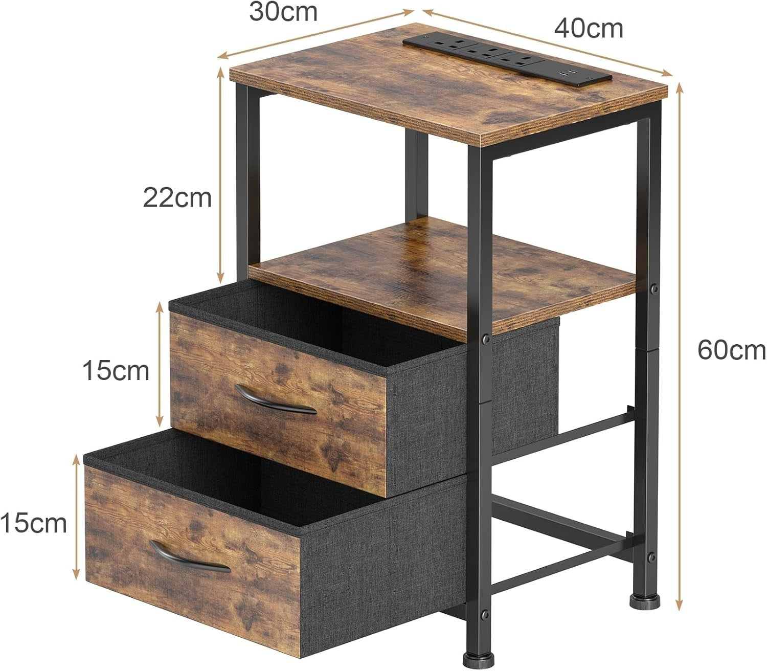 Set of 2 Rustic Industrial Bedside Tables with LED Lights & USB Charging Ports