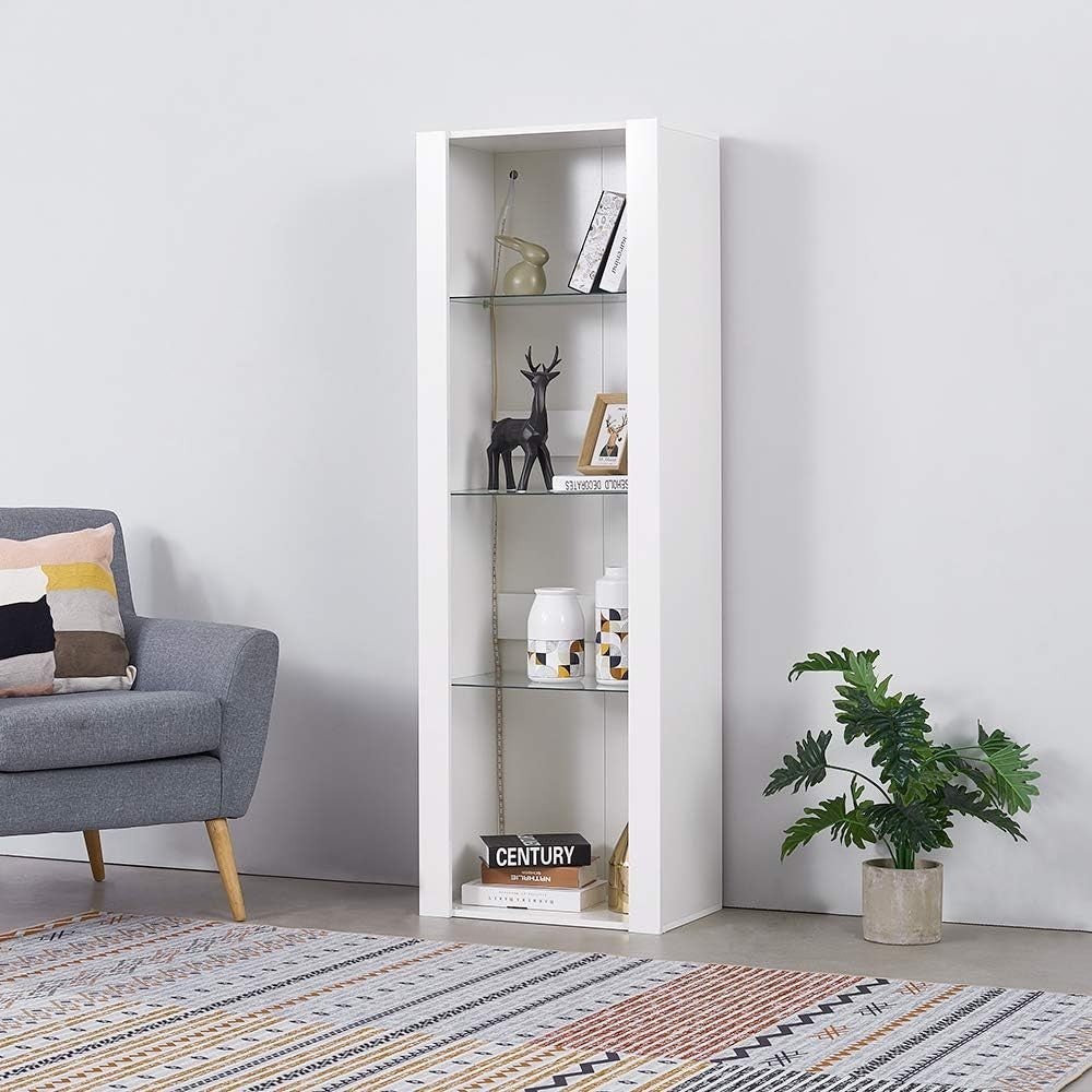 Tall LED Display Cabinet White Gloss Glass Shelves Modern Showcase Cupboard