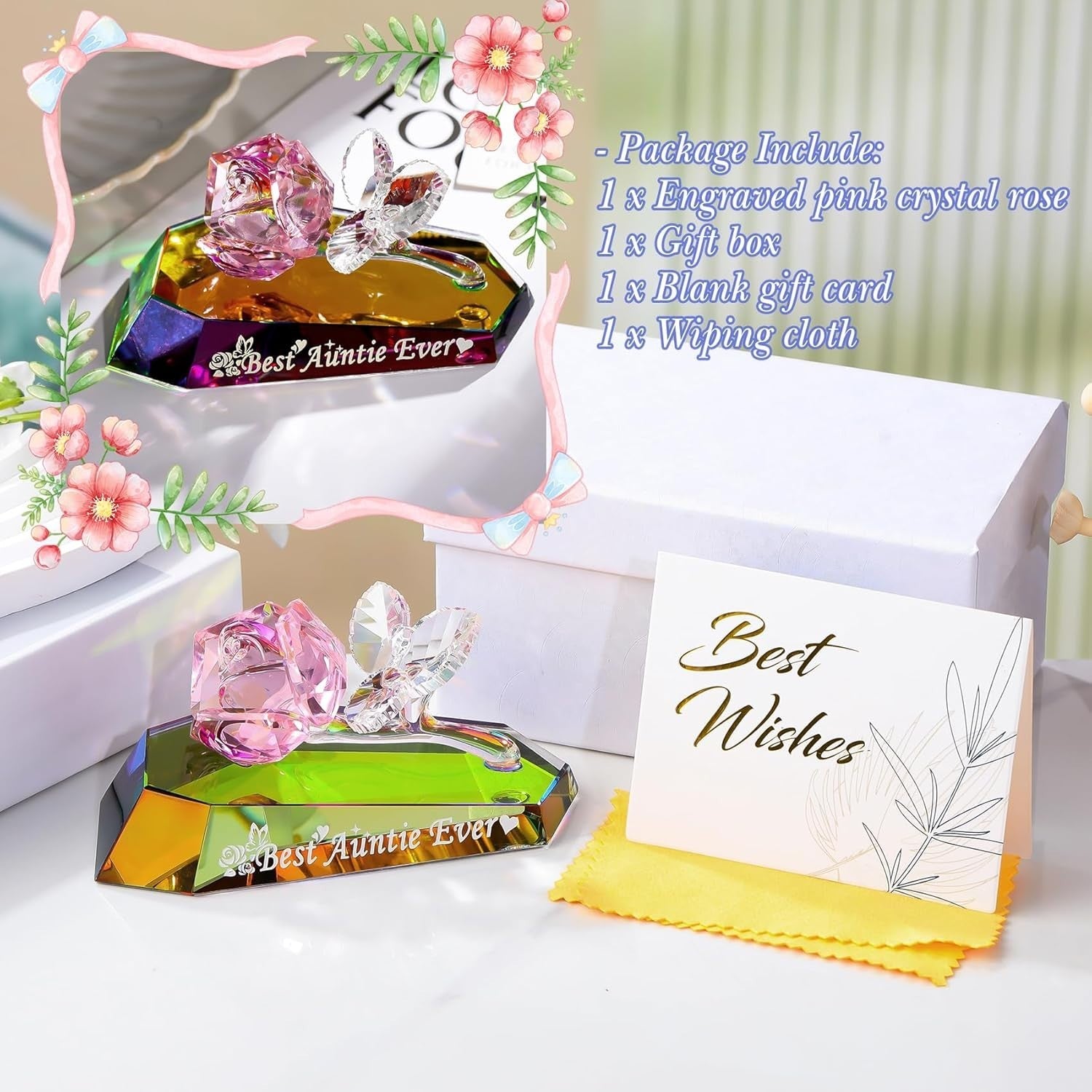 Crystal Rose Ornament “Best Auntie Ever” Gift – Multicolour K9 Glass Keepsake