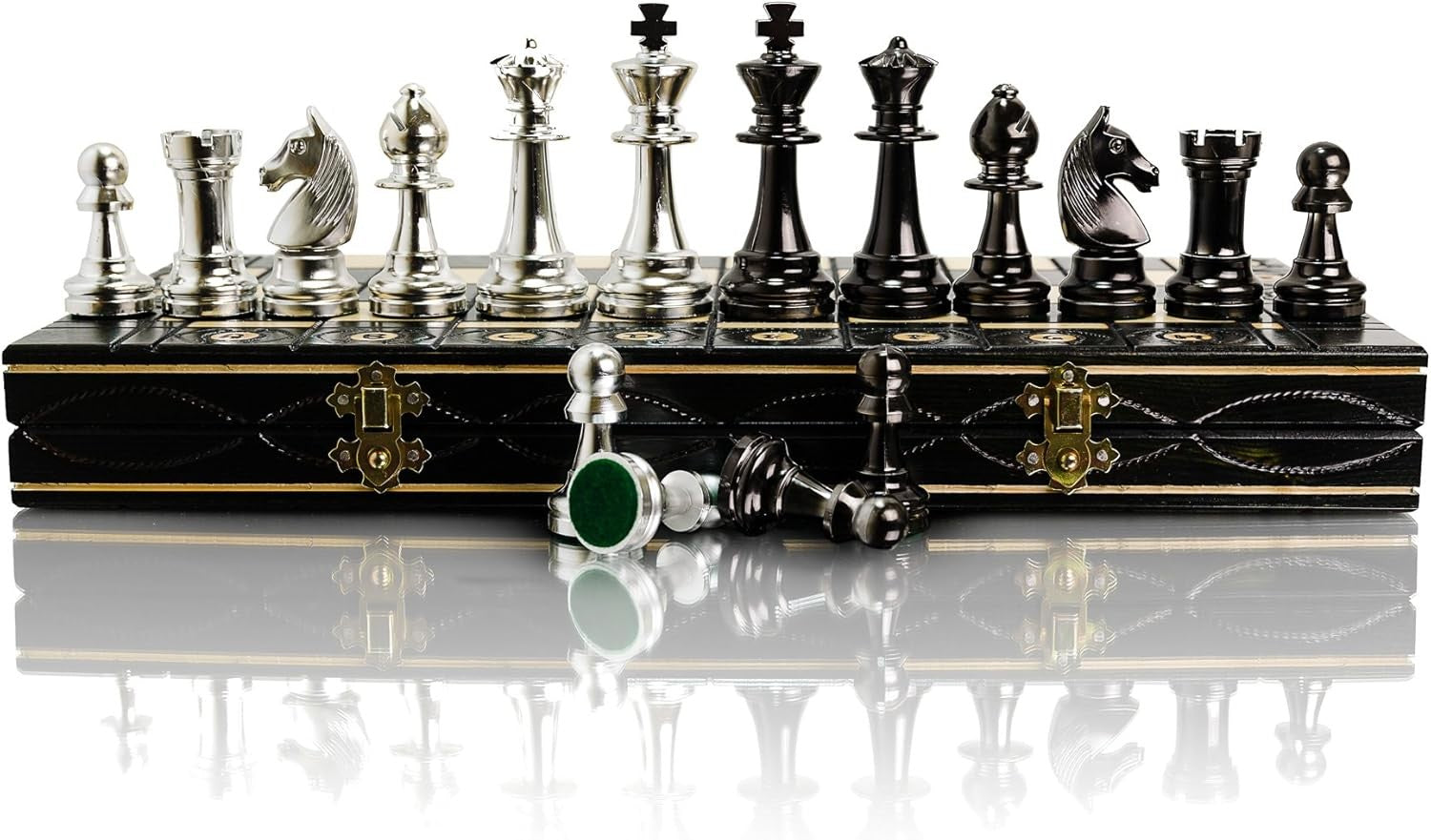 Metallic Staunton Chess Set 41cm Foldable Wooden Board Luxury Silver Pieces