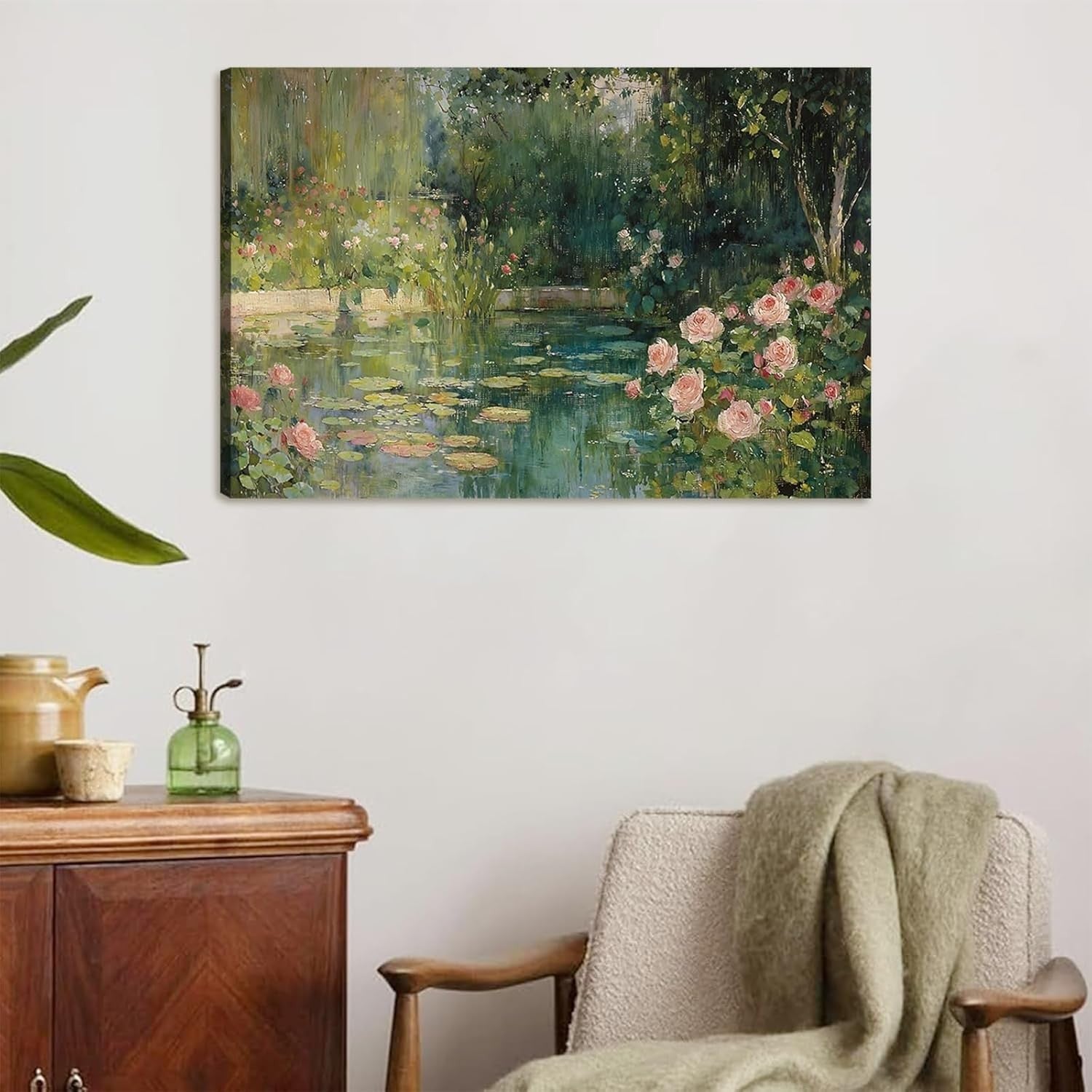 Impressionist Floral Pond Canvas Wall Art Framed Botanical Landscape Decor
