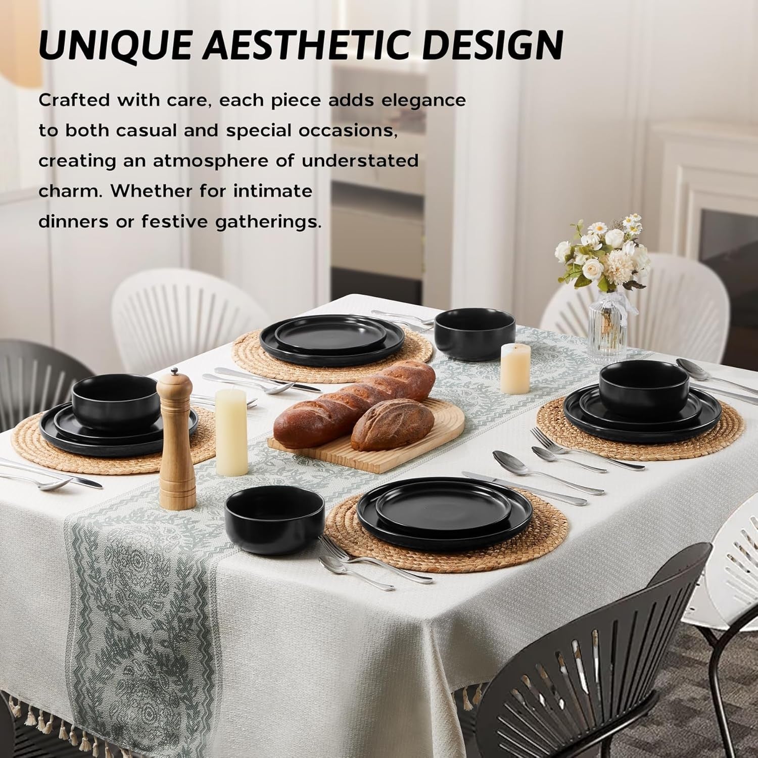 12pc Stoneware Dinner Set Matte Black Plates Bowls Microwave Safe