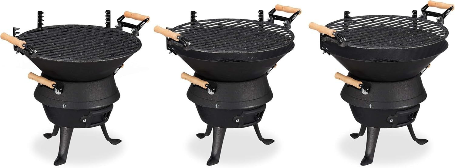 Cast Iron Charcoal BBQ Grill Adjustable Height Outdoor Garden Fire Pit Cooker