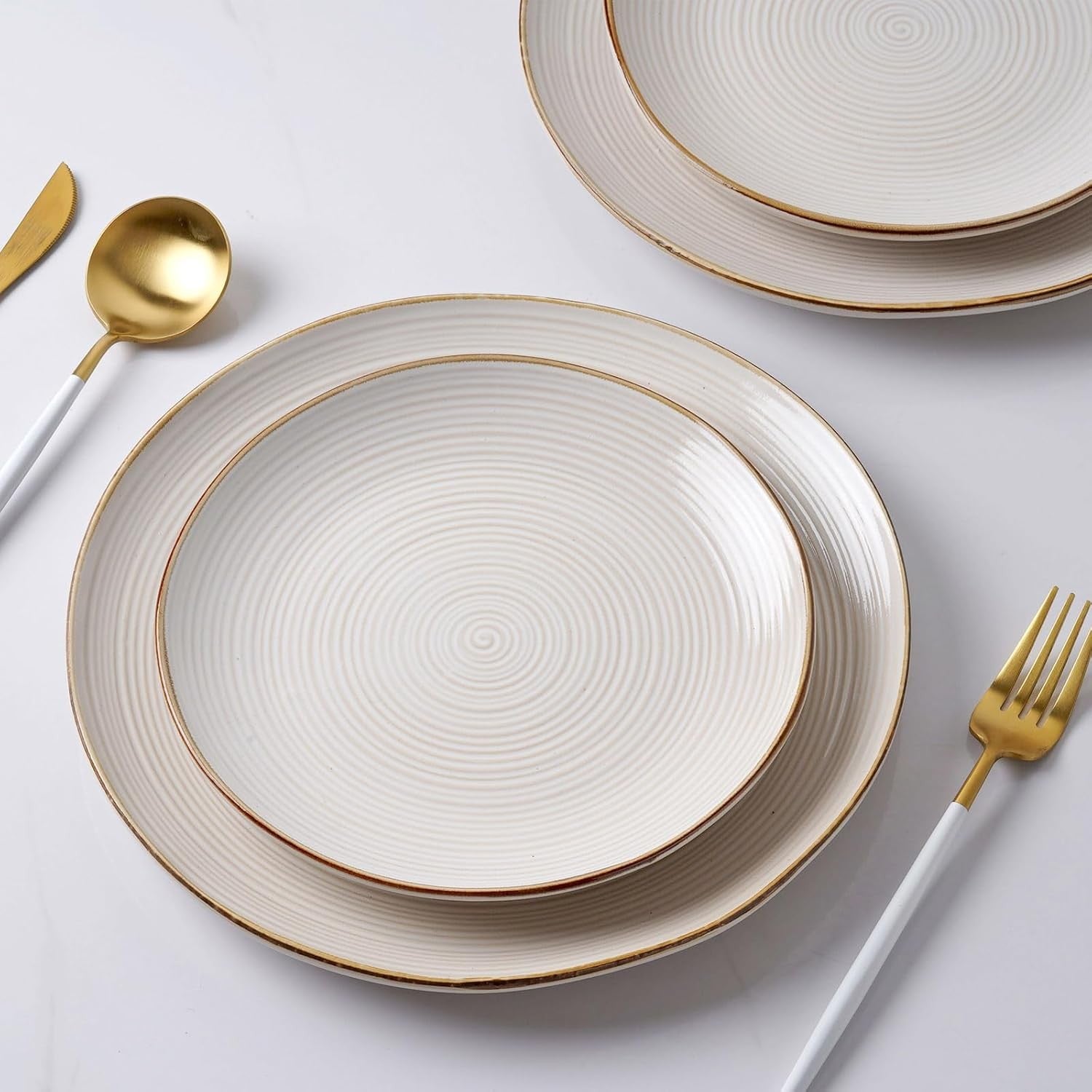 12pc Stoneware Dinnerware Set Plates Bowls Light Cream Service for 4