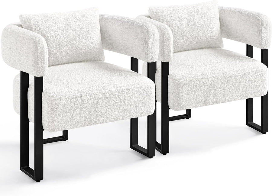 Boucle Tub Accent Chairs Set of 2 White Upholstered Armchairs