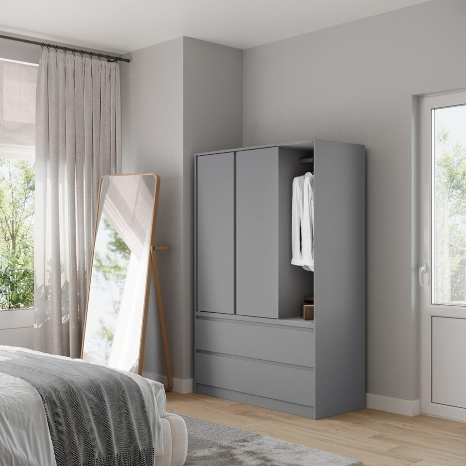 Grey Sliding Door Wardrobe with 4 Drawers & Hanging Rail – Space Saving