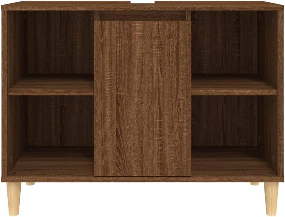 Brown Oak Bathroom Sink Cabinet with Storage Shelves – Nordic Vanity Unit 80cm
