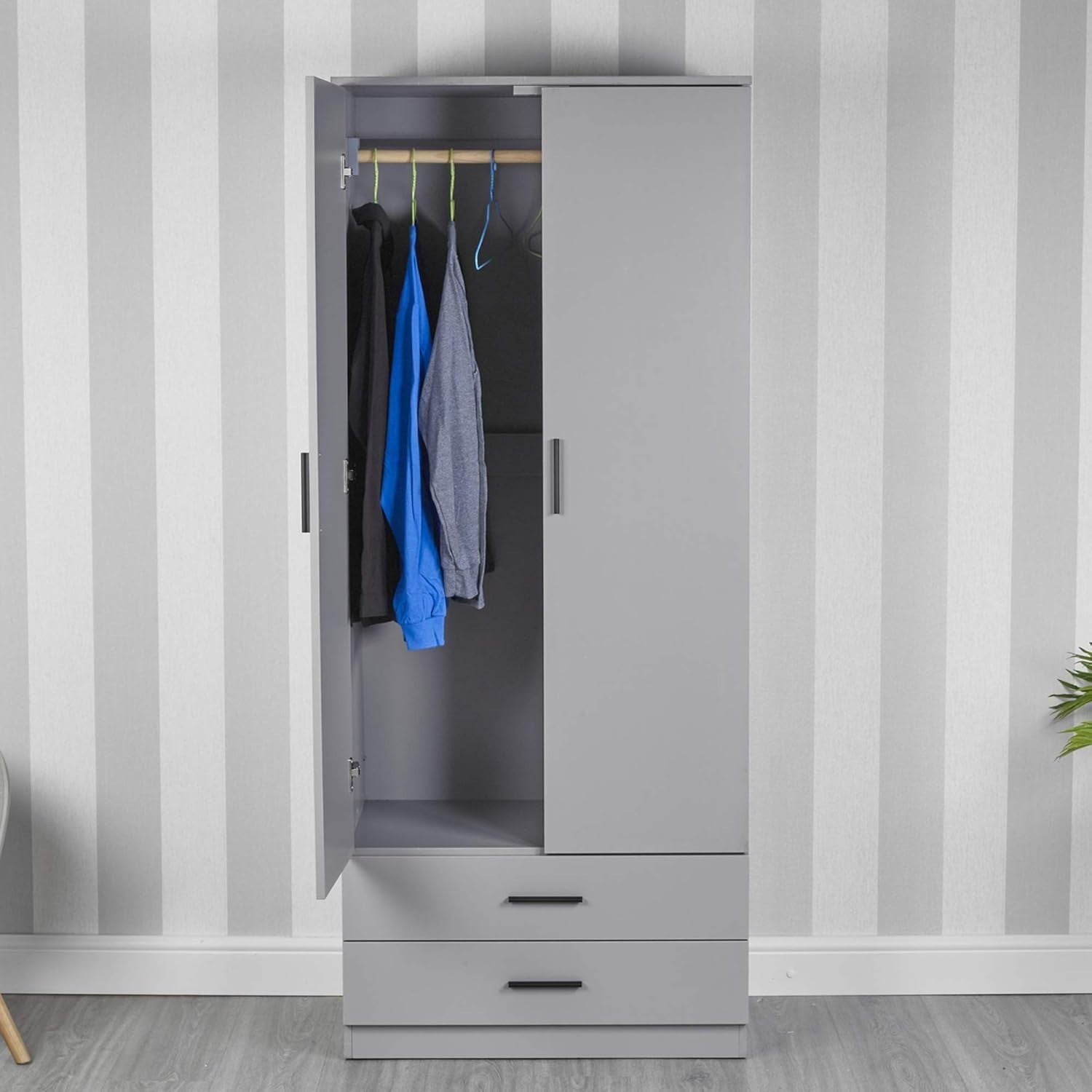 Tall Grey 2 Door Wardrobe with Grey Drawers & Hanging Rail | Bedroom Storage