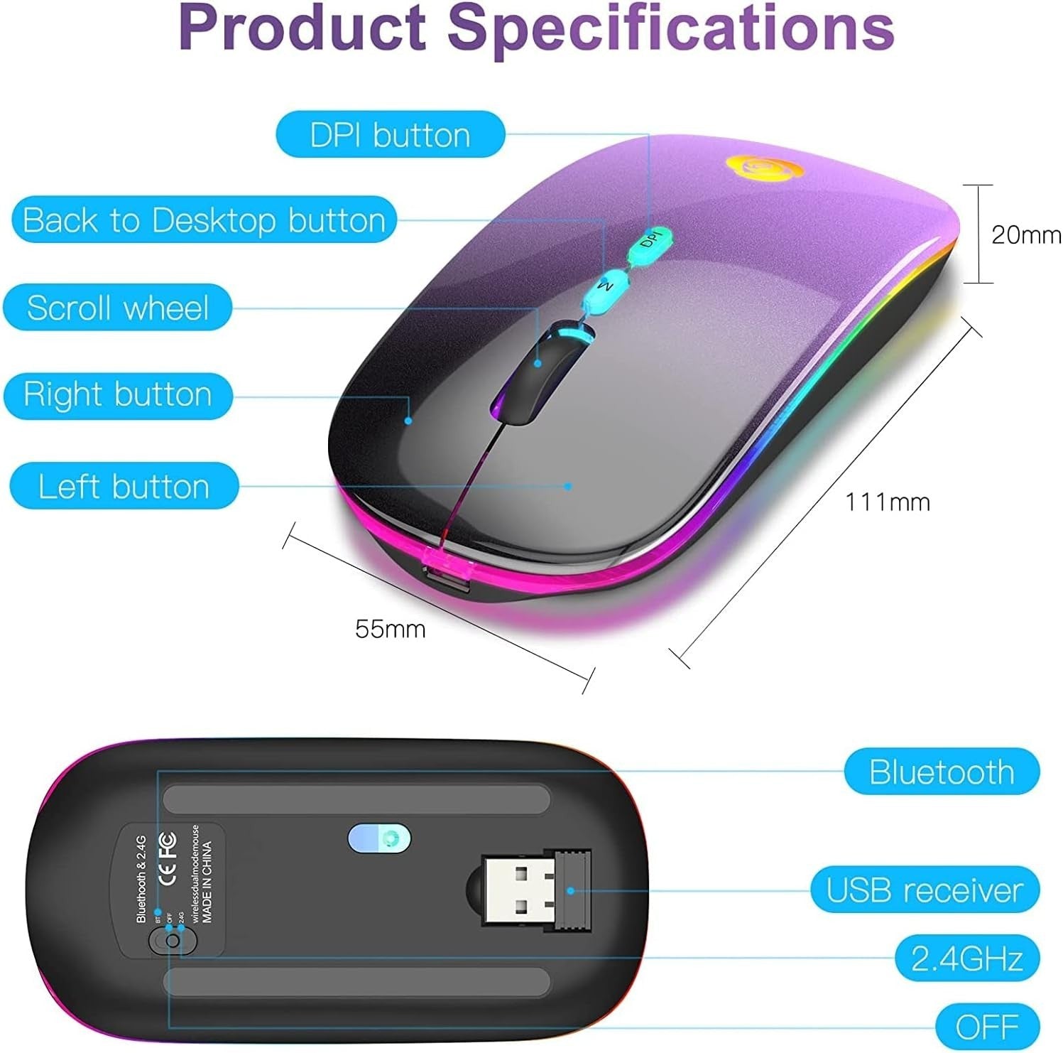 Wireless Bluetooth Mouse Rechargeable Silent RGB Type-C Slim