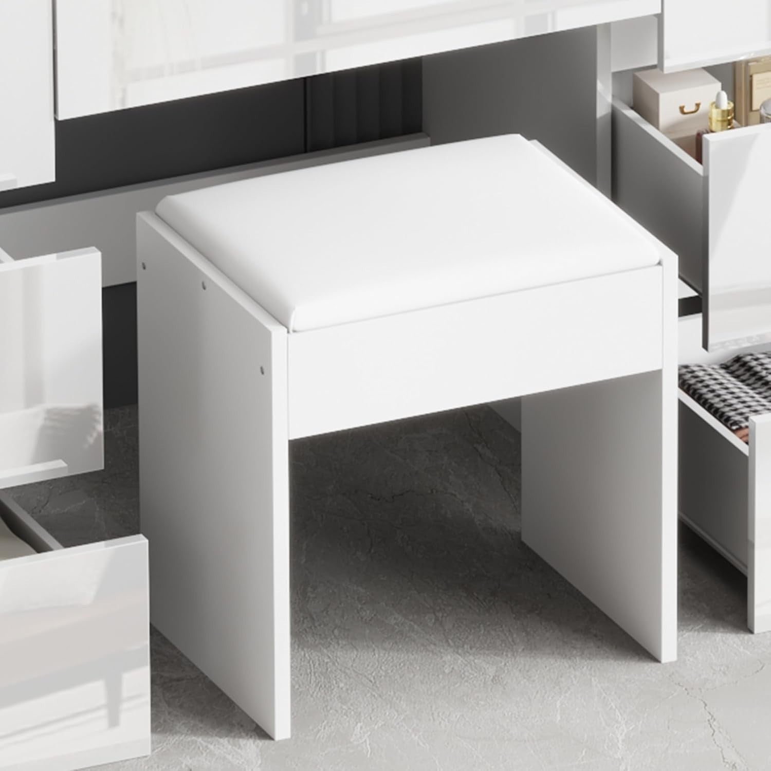 White Soft Padded Vanity Stool – Makeup Desk Chair Bench 40x30x40cm