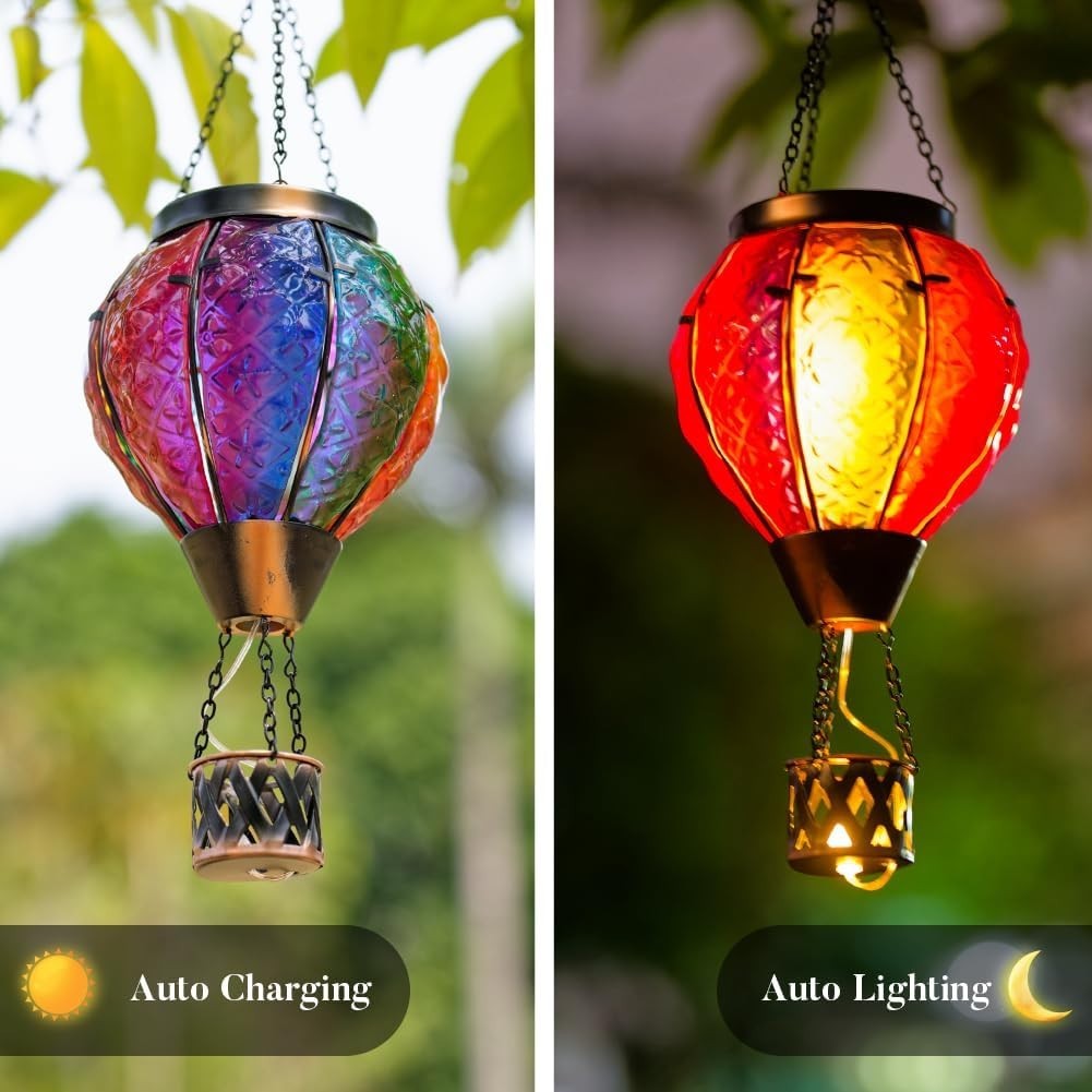 Hot Air Balloon Solar Lantern Flame LED Glass Garden Decor