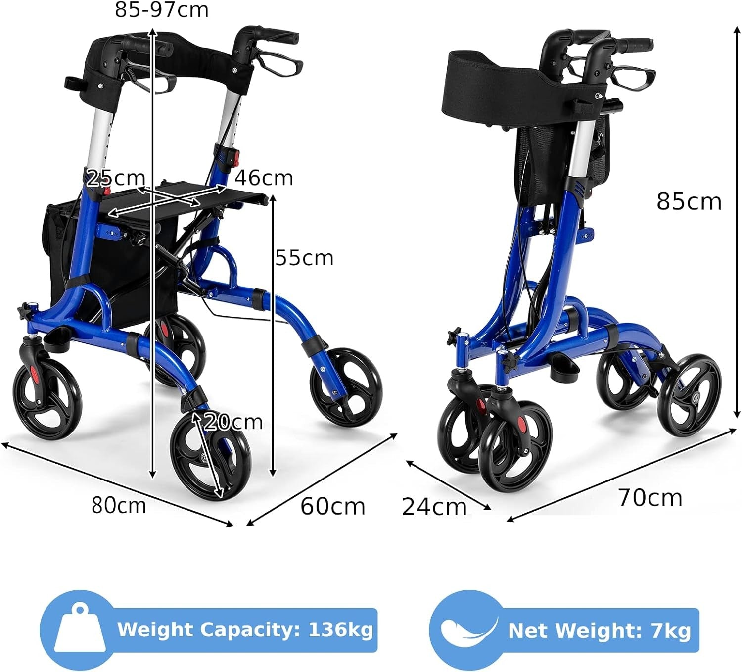 Lightweight Rollator Walker with Seat 4 Wheel Folding Adjustable Mobility Aid