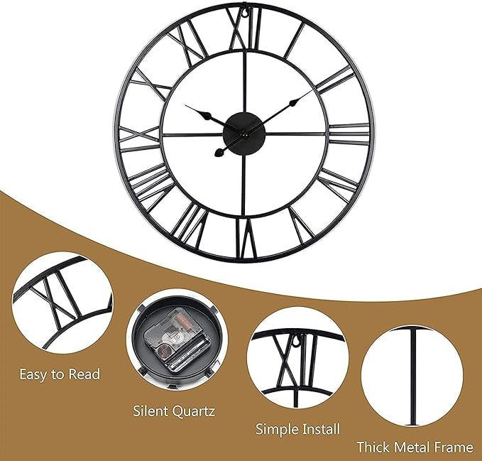 Extra Large 78cm Metal Roman Numeral Wall Clock Silent Open Face Vintage Black