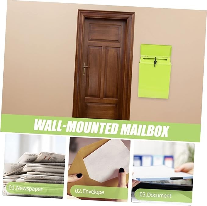 Wall Mounted Locking Mailbox Iron Secure Post Box Green Modern Slim Design