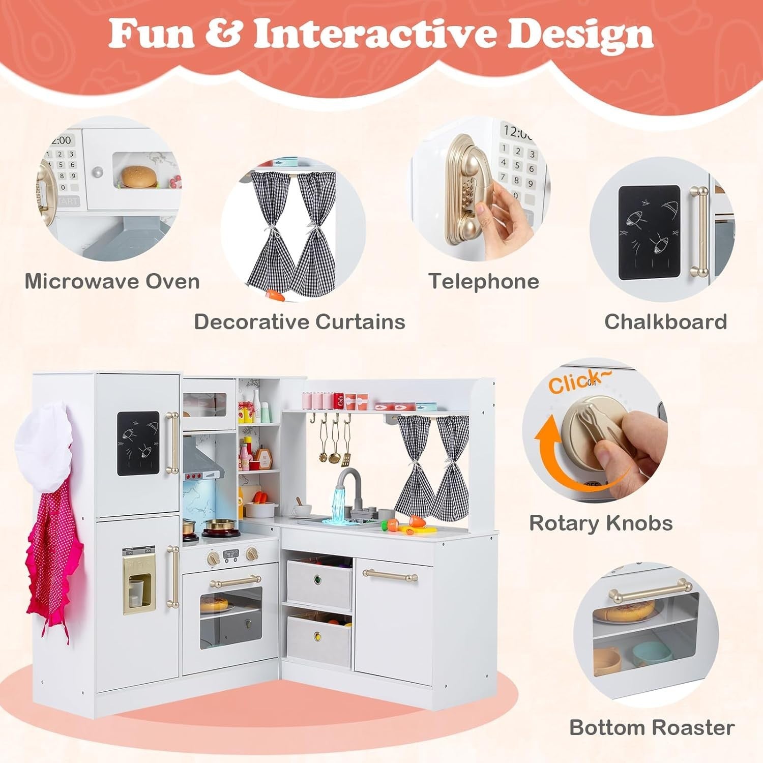 Kids Corner Play Kitchen Wooden Toy Set Lights Sounds Water White