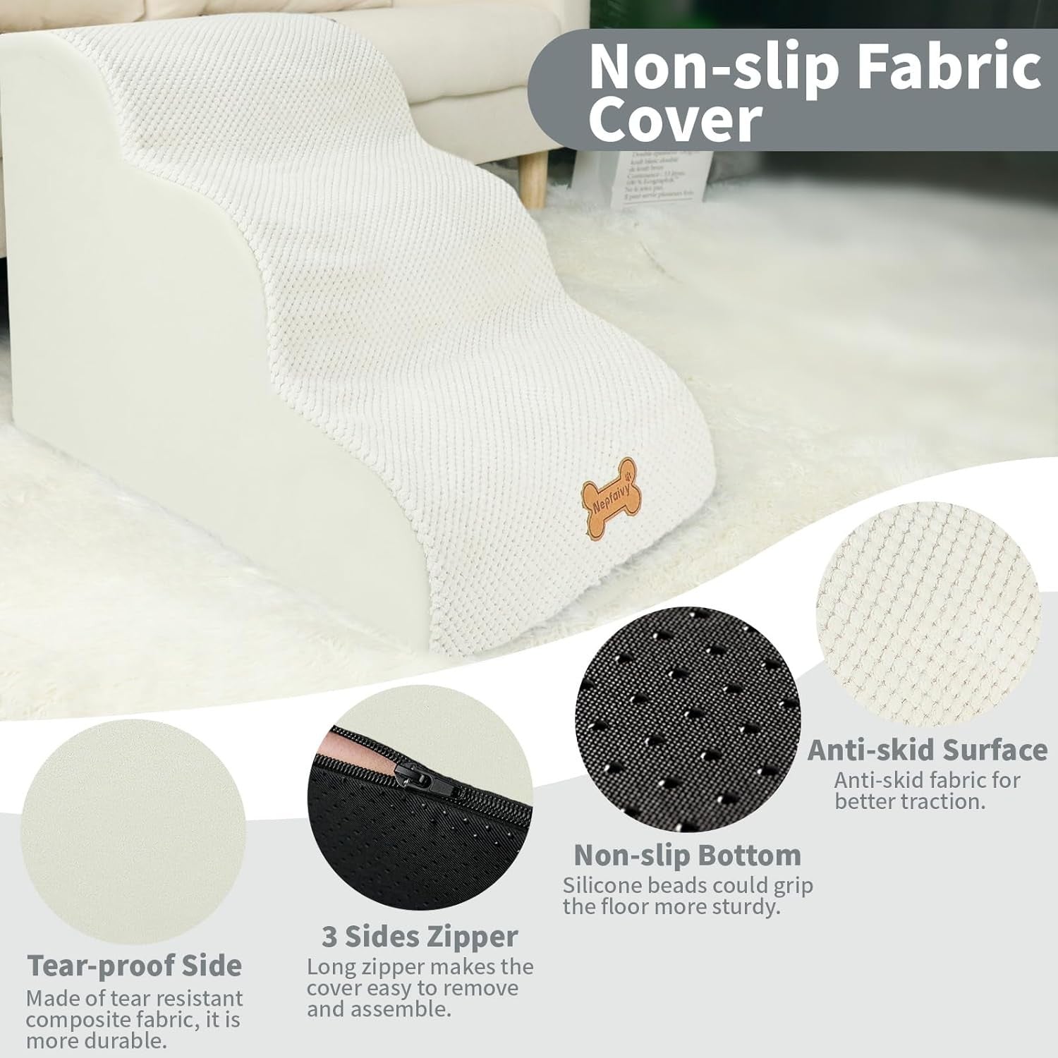 3-Step Dog Stairs Non-Slip Pet Ramp Small Dogs Cats Beige
