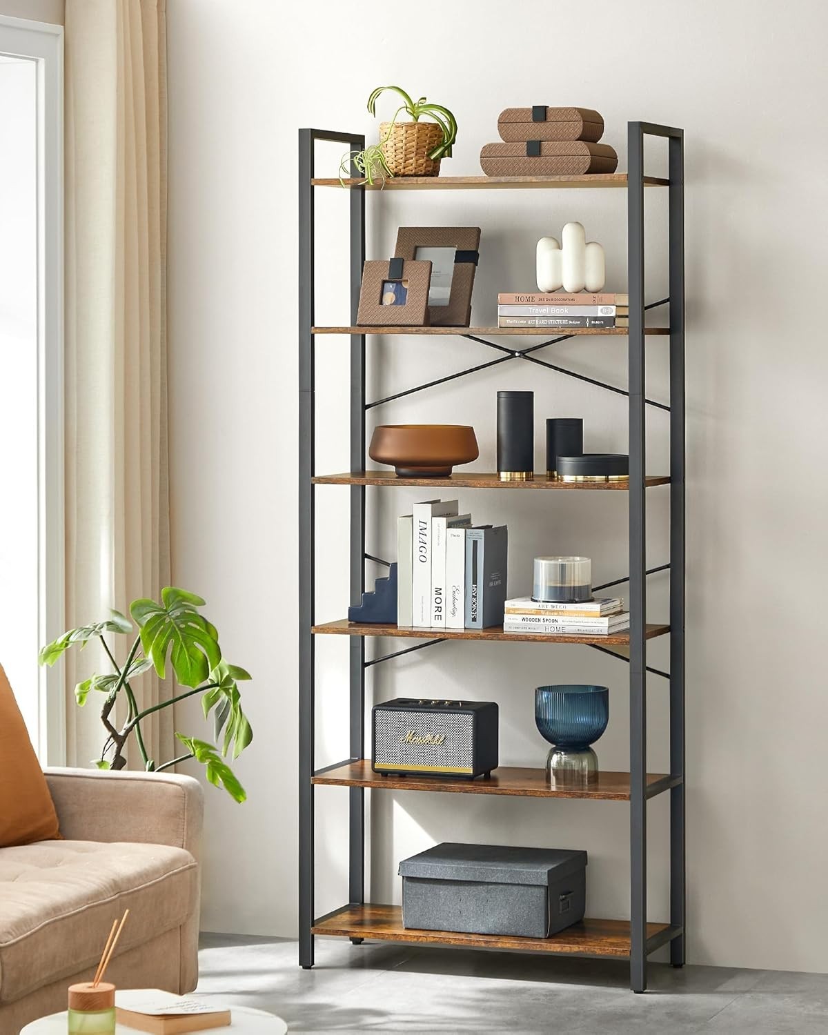 6-Tier Industrial Bookshelf Rustic Brown 80W x 186H cm Sturdy Storage